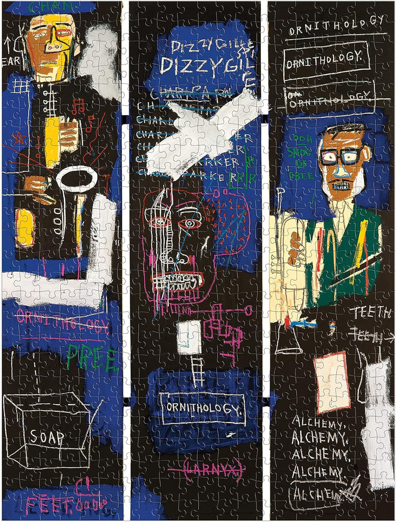A close-up view of Rest In Pieces' 'Horn Players' puzzle showcasing intricate details of Jean-Michel Basquiat's iconic artwork.