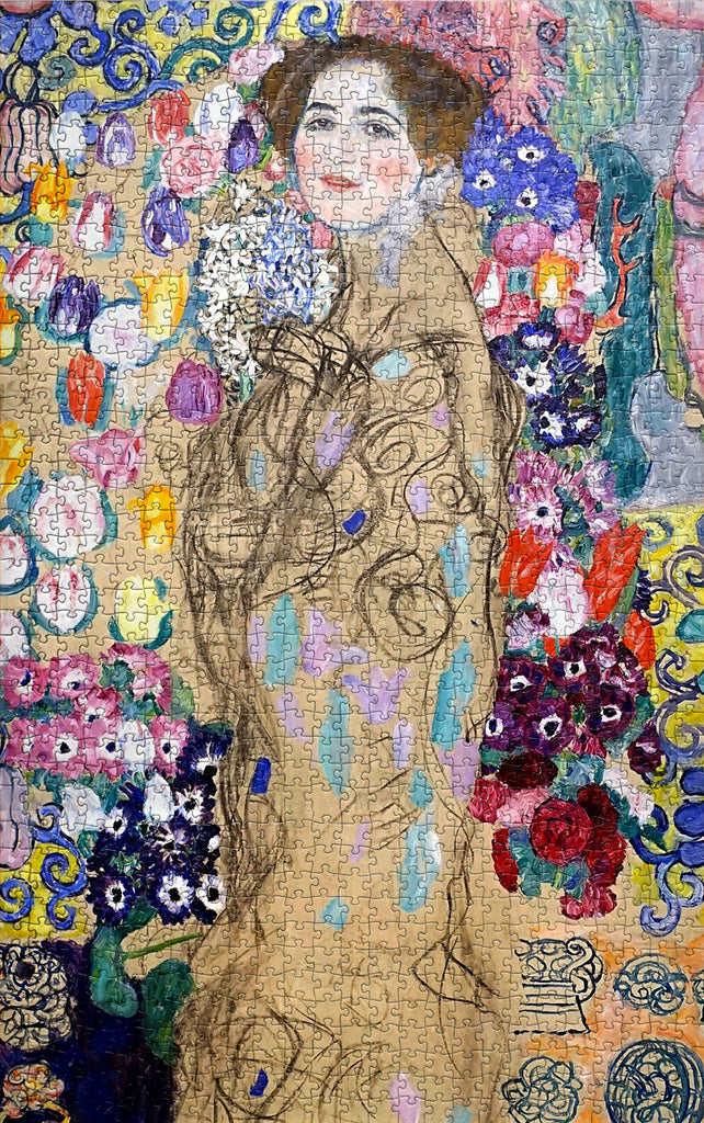 Completed Gustav Klimt Ria Munk III jigsaw puzzle by Rest In Pieces laid out on a table, displaying the beautiful and intricate portrait in its full glory.