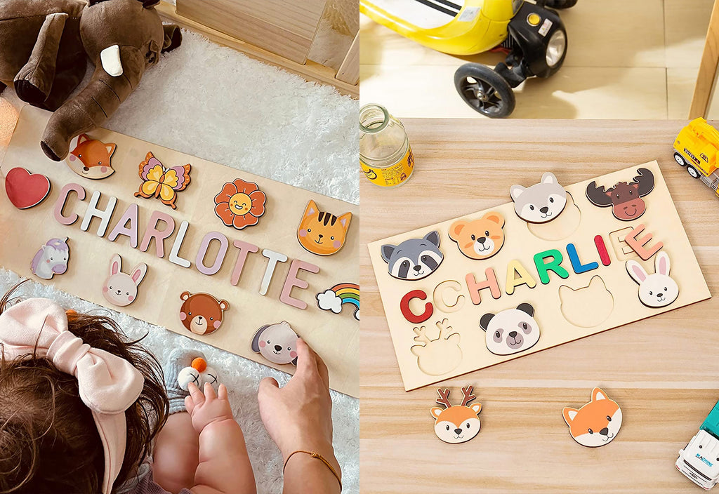 Vibrantly coloured Personalised Name Puzzle with Animal Elements, perfect as a baby gift for both girls and boys.