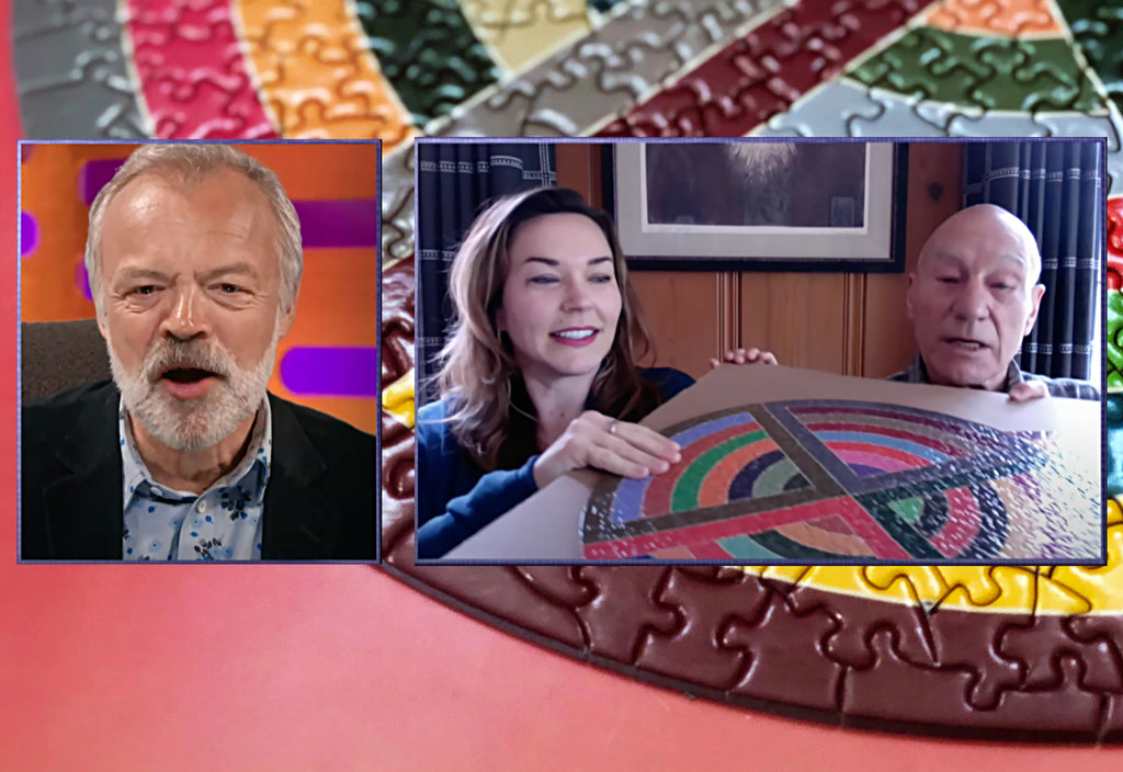 Sir Patrick Stewart shows off his Frank Stella Jigsaw puzzle on The Graham Norton Show.