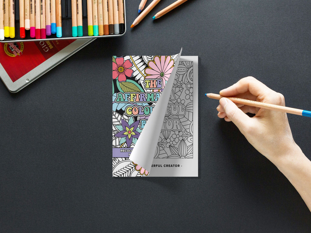 An image of a colouring book titled 'The Affirmations Colouring Book': A self-care activity to avoid burnout