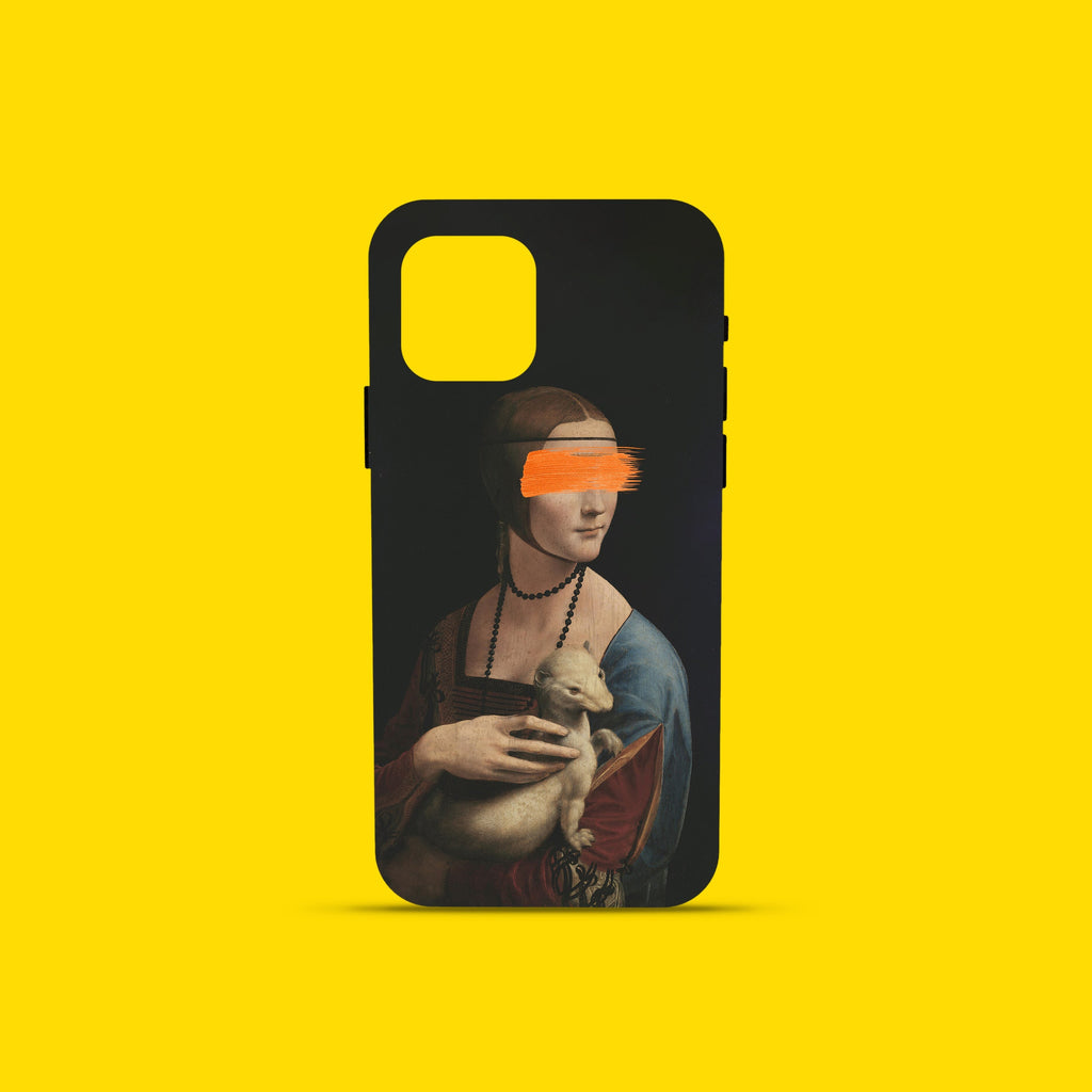 Unique altered art phone case featuring Leonardo da Vinci's Lady with an Ermine painting with a modern orange brushstroke over her eyes.