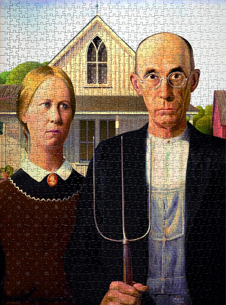 A high-quality fine art jigsaw puzzle of Grant Wood's American Gothic painting in 1000 pieces by Eurographics.