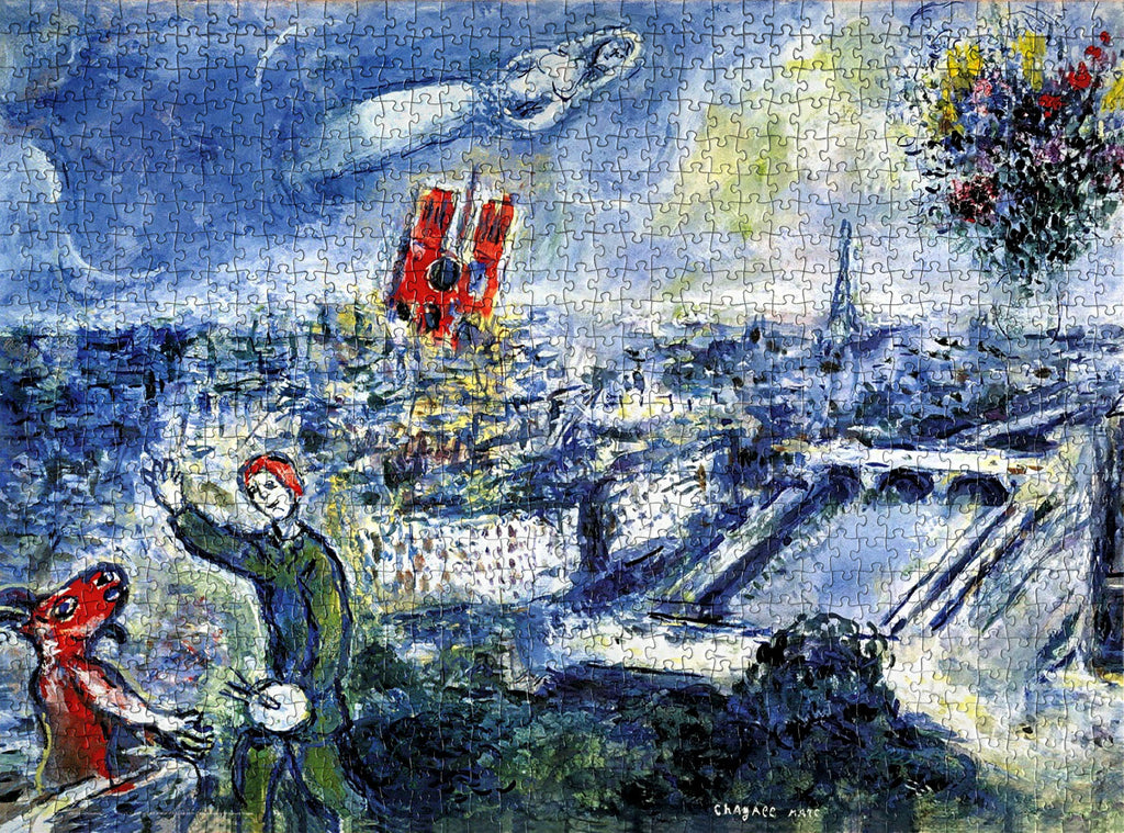 A high-quality jigsaw puzzle of Marc Chagall's View of Paris, showcasing the artist's imaginative interpretation of the cityscape.