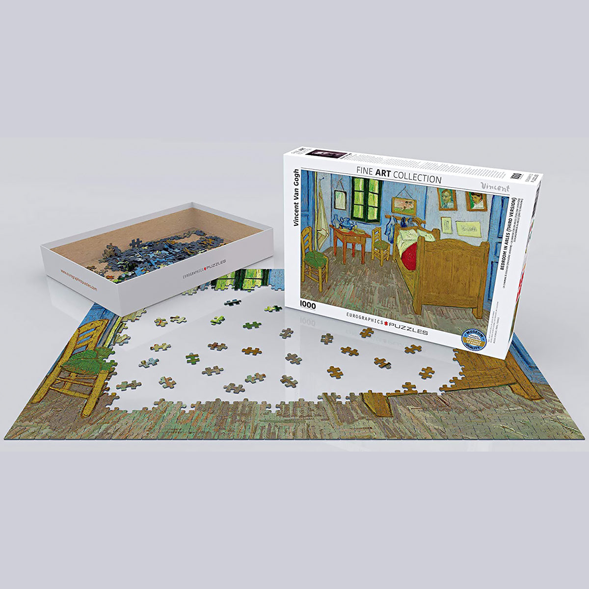 Front view of the Eurographics: Fine Art Collection puzzle box featuring Van Gogh's Bedroom In Arles artwork, showcasing the vibrant colours and intricate details.