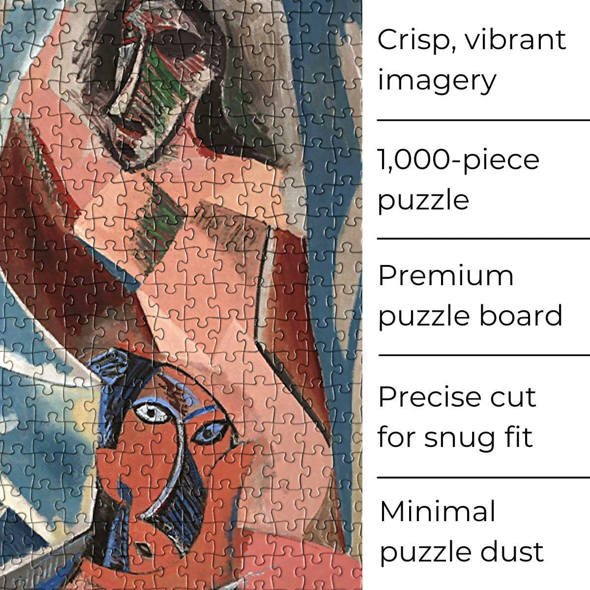 Close-up of intricately cut puzzle pieces depicting Picasso's revolutionary 'The Young Ladies of Avignon' artwork.