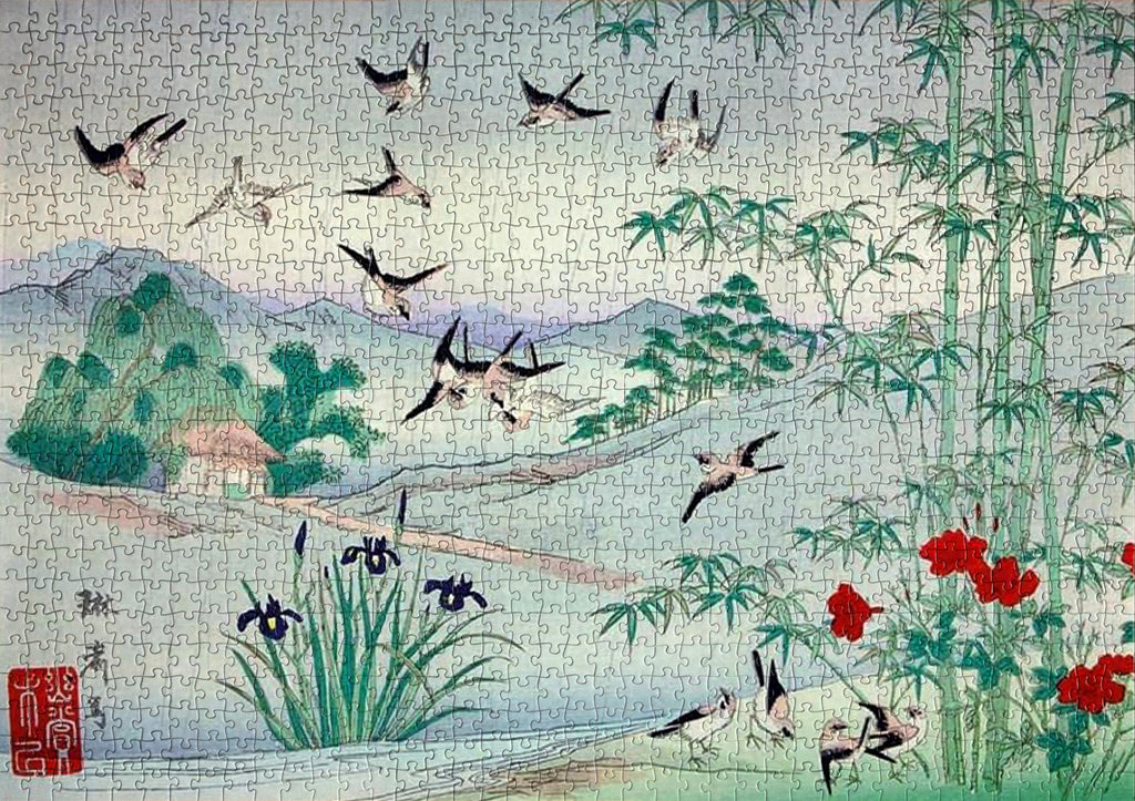 Yanagawa Shigenobu Sparrows and Bamboo in the Rain Jigsaw Puzzle - Exquisite Japanese ukiyo-e design