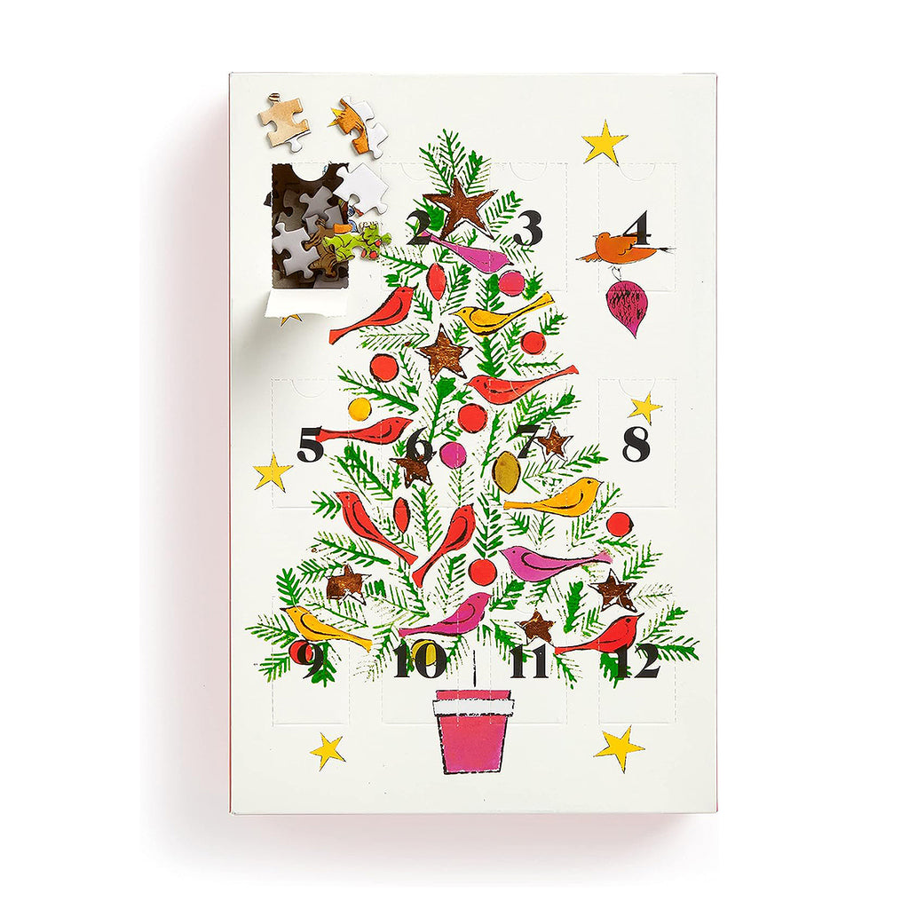 Front view of the Andy Warhol 12 Days of Puzzles Christmas Advent Calendar, featuring a whimsical Christmas tree with birds and stars.
