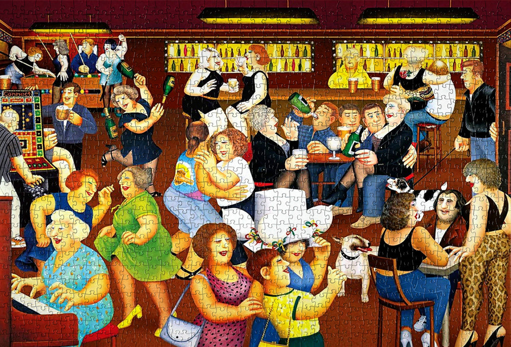 Completed Beryl Cook Date Night jigsaw puzzle 735mm x 510mm showing full artwork of pub revellers, dogs and festive atmosphere