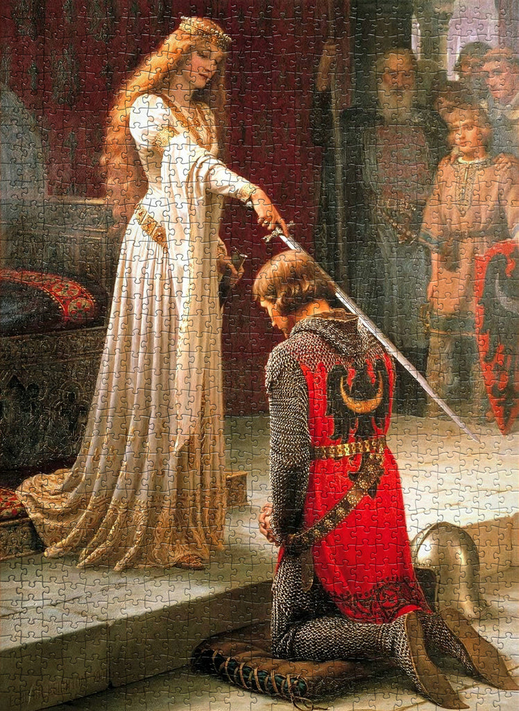 A stunning, completed 1000-piece Eurographics art jigsaw puzzle of Edmund Blair Leighton's famous painting "The Accolade." The image shows the full, high-quality reproduction of the romantic medieval scene, highlighting the vibrant colours and intricate details of the fine art piece, perfect for framing.