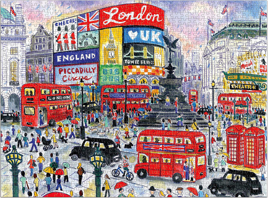 Michael Storrings' vibrant illustration of London's Piccadilly Circus on a 1000 piece Galison jigsaw puzzle, featuring red buses and iconic landmarks.