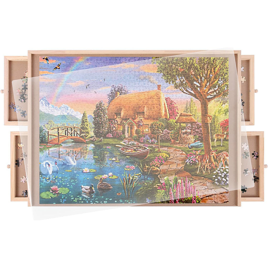 A partially completed jigsaw puzzle on a wooden board, with scattered pieces around the edges.