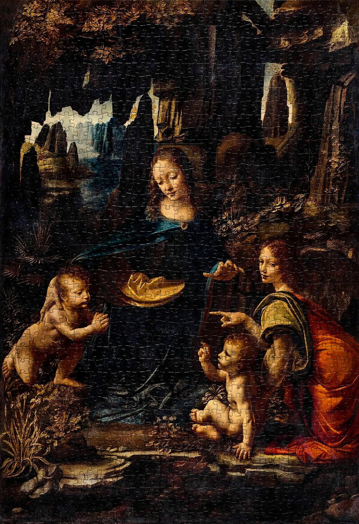 Leonardo da Vinci Virgin of the Rocks 1000-piece jigsaw puzzle by Clementoni featuring the Renaissance masterpiece with museum-quality reproduction for adults