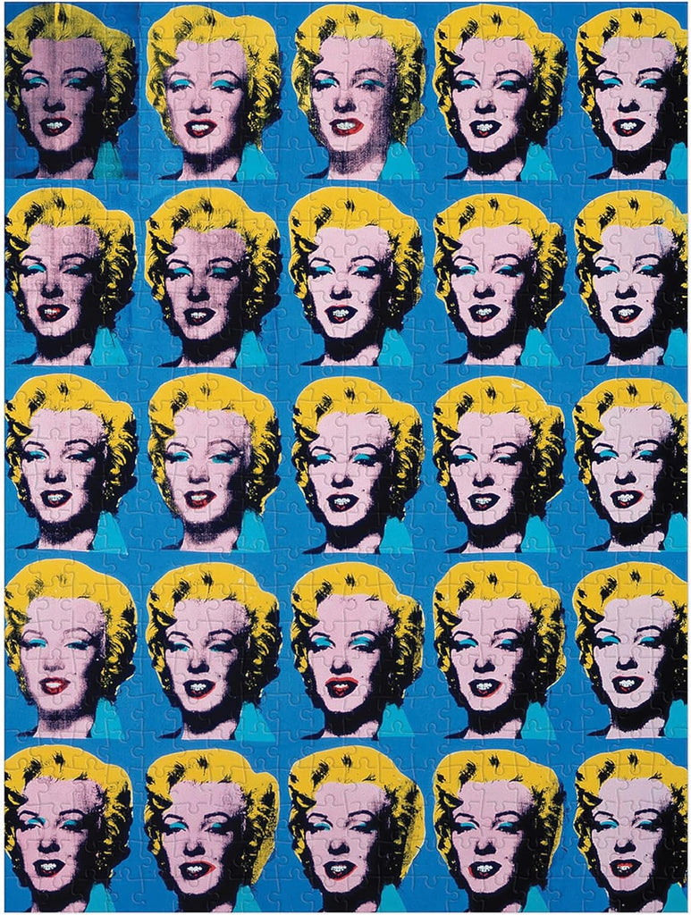 A completed Andy Warhol Marilyn Monroe 500-piece puzzle, displaying the entire vivid collage of Marilyn Monroe.