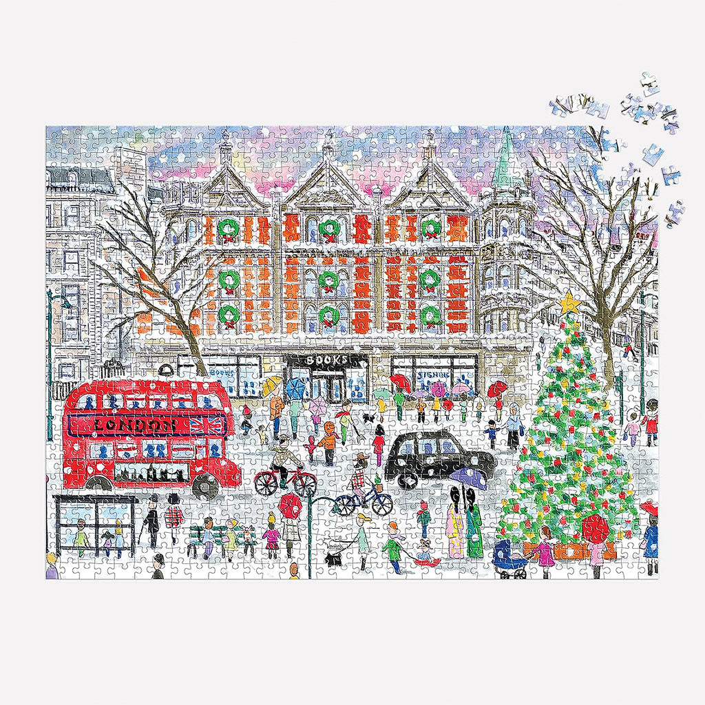 Jigsaw puzzle with a festive city scene featuring a double-decker bus, Christmas tree, and people.