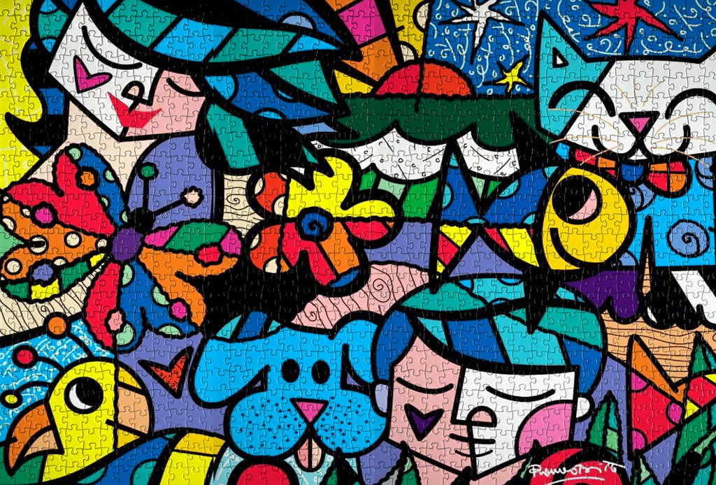 1000-piece Romero Britto art jigsaw puzzle featuring vibrant Neo-Pop Art garden scene