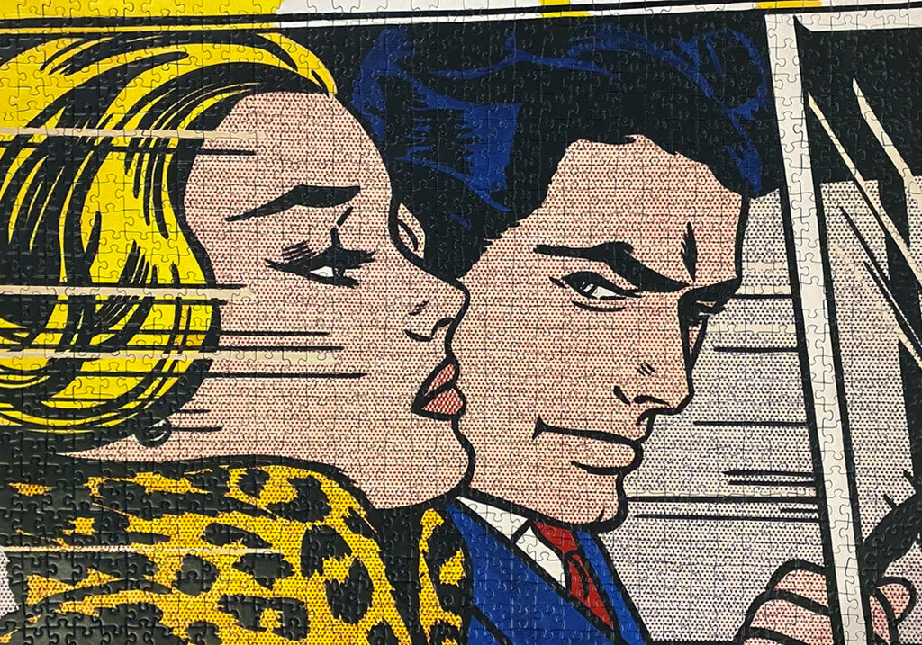 1000-piece Ravensburger Art Collection jigsaw puzzle featuring Roy Lichtenstein's iconic Pop Art painting "In The Car" with a man and woman.
