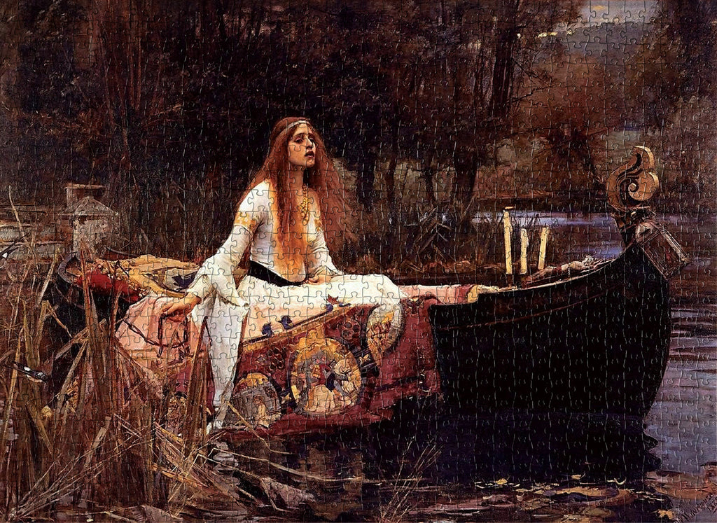 The Lady of Shalott jigsaw puzzle, a 1000-piece art puzzle by John William Waterhouse, showcasing a beautiful pre-raphaelite painting.