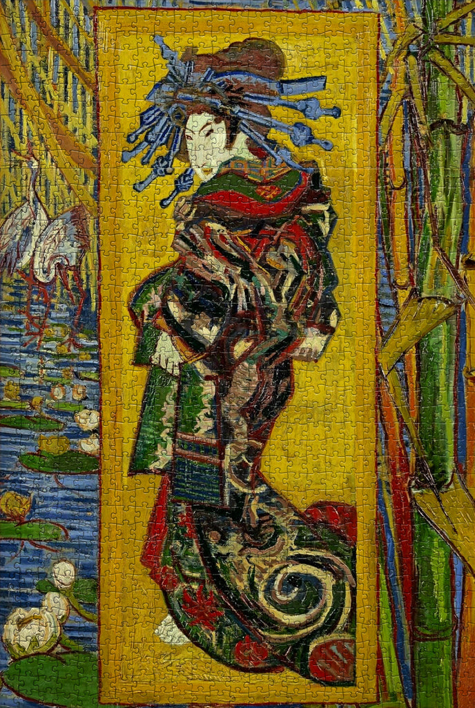 Vincent van Gogh The Courtesan 1000-piece jigsaw puzzle featuring Japanese courtesan with ornate hairpins against vibrant yellow background, fine art puzzle by Flame Tree Publishing