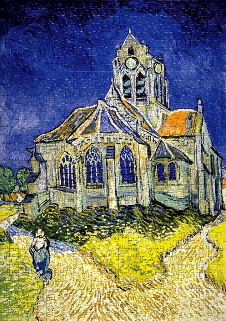 Fully completed 1000-piece jigsaw puzzle of Vincent van Gogh's The Church at Auvers-sur-Oise, showcasing the vibrant colours and intricate details of the famous painting.