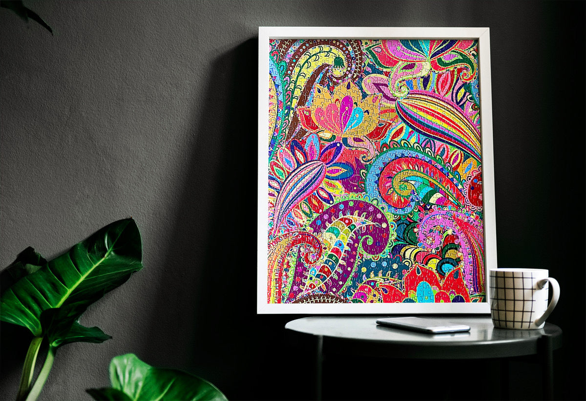 Rest In Pieces colourful 'Flower Dance' 1000-piecer is more than a jigsaw puzzle, it is also a beautiful piece of wall art for your interior design.