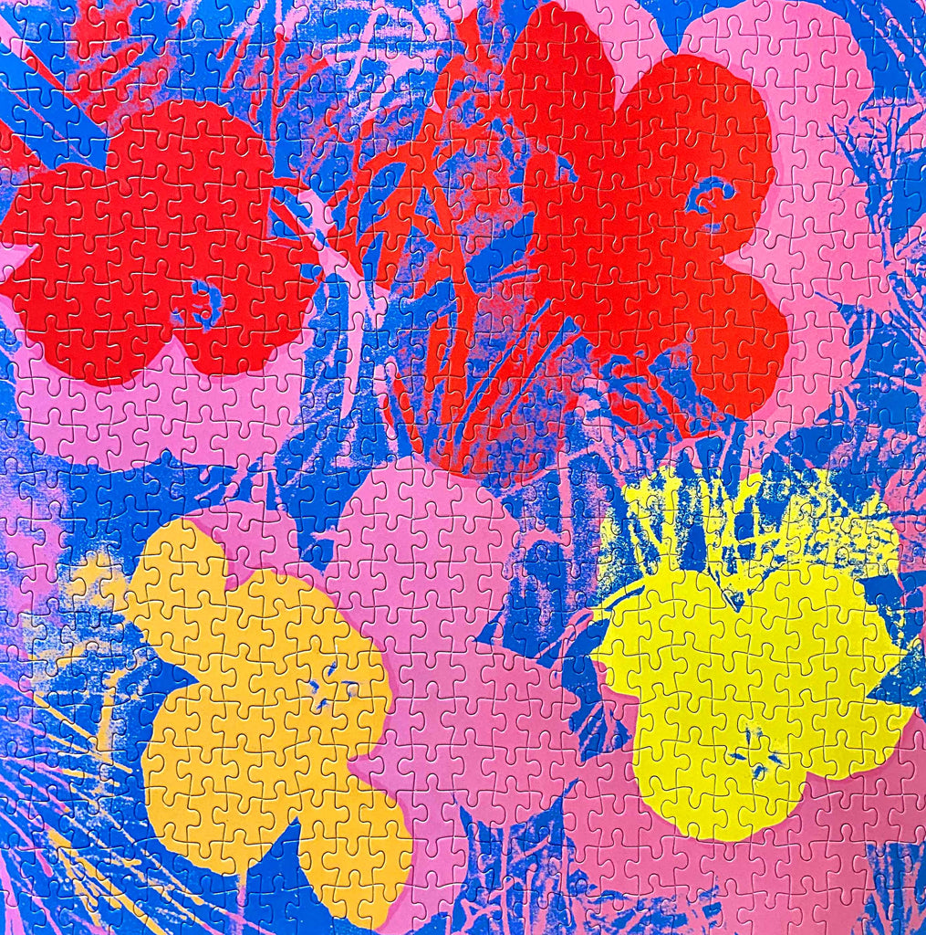 Andy Warhol Flowers 500 piece jigsaw puzzle box by Galison, showcasing the iconic pop art design, perfect for fine art enthusiasts.