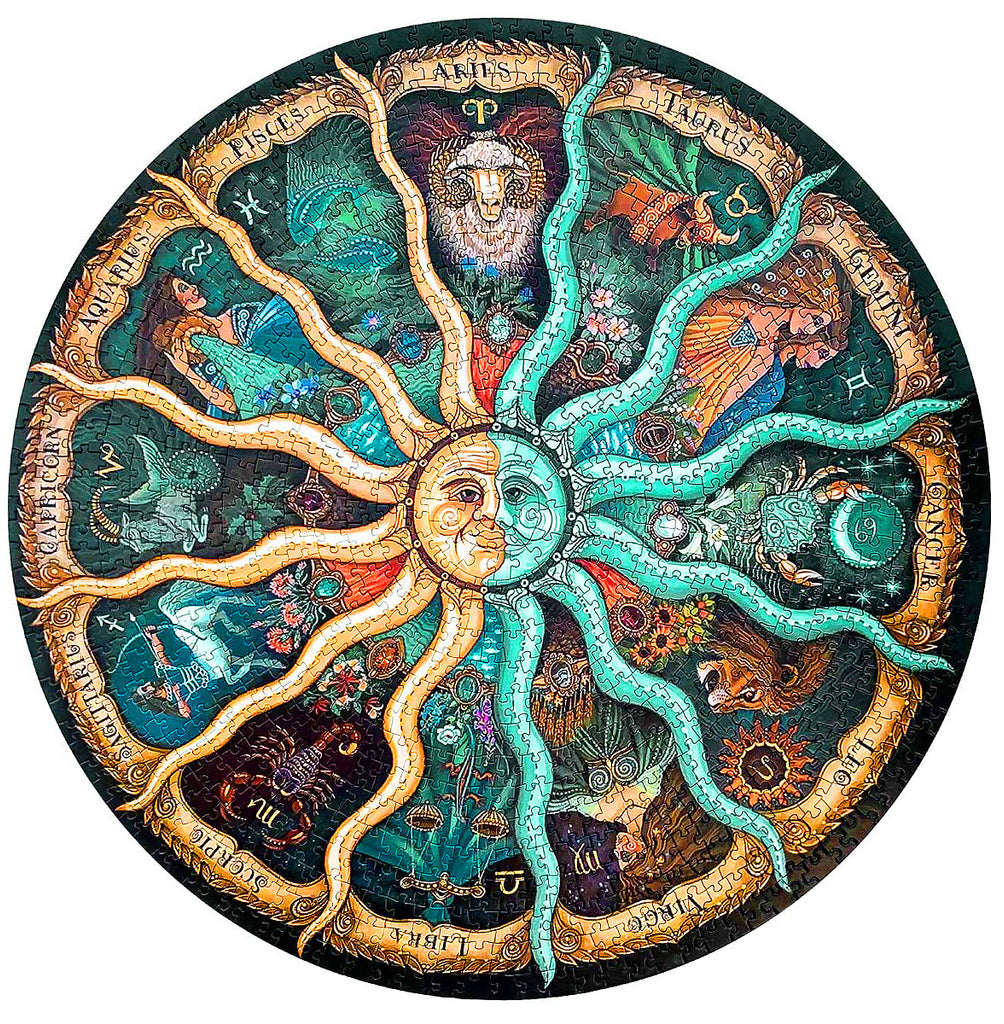 A 500-piece round zodiac-themed puzzle so Virgos everywhere can stop overthinking what they said yesterday and just find the piece with the blue squiggly line in it instead.