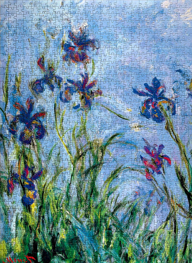 Claude Monet's 'Iris Mauves' Jigsaw Puzzle: Vibrant Purple Blooms in Garden Pond