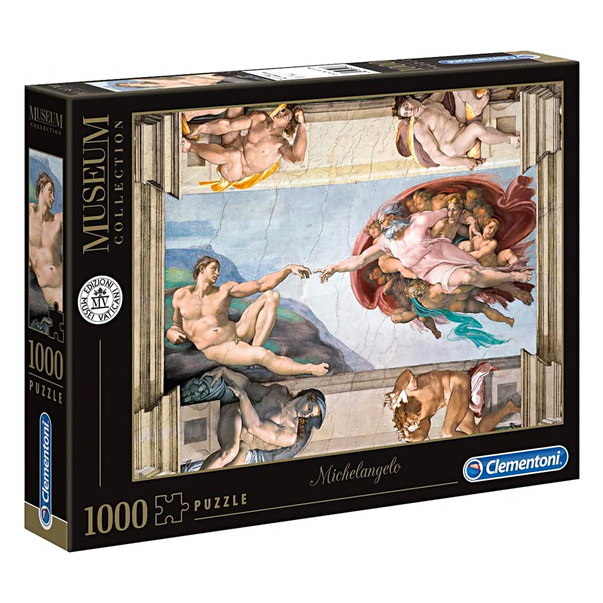 Clementoni's Museum Collection featuring Michelangelo's painting 'The Creation of Adam'.