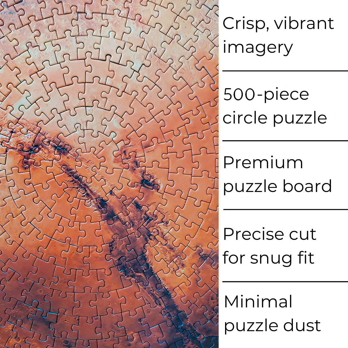 You'll find exactly 500 pieces in the Mars puzzle box, as well as a 2.1 poster included for reference.