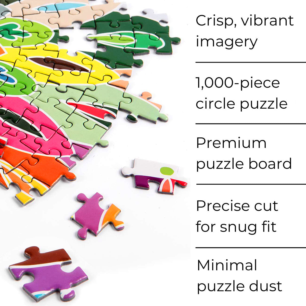 Crisp, vibrant colourful mandala on a premium puzzle board. Our jigsaw pieces are precise cut for snug fit with minimal puzzle dust.