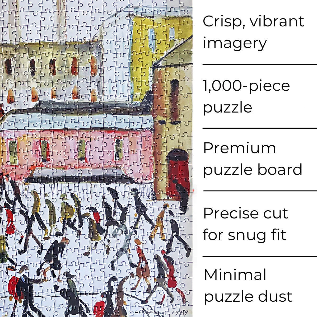 The pieces of the Lowry jigsaw puzzle are precision-cut from thick 2mm cardboard to ensure a snug fit with minimal puzzle dust.