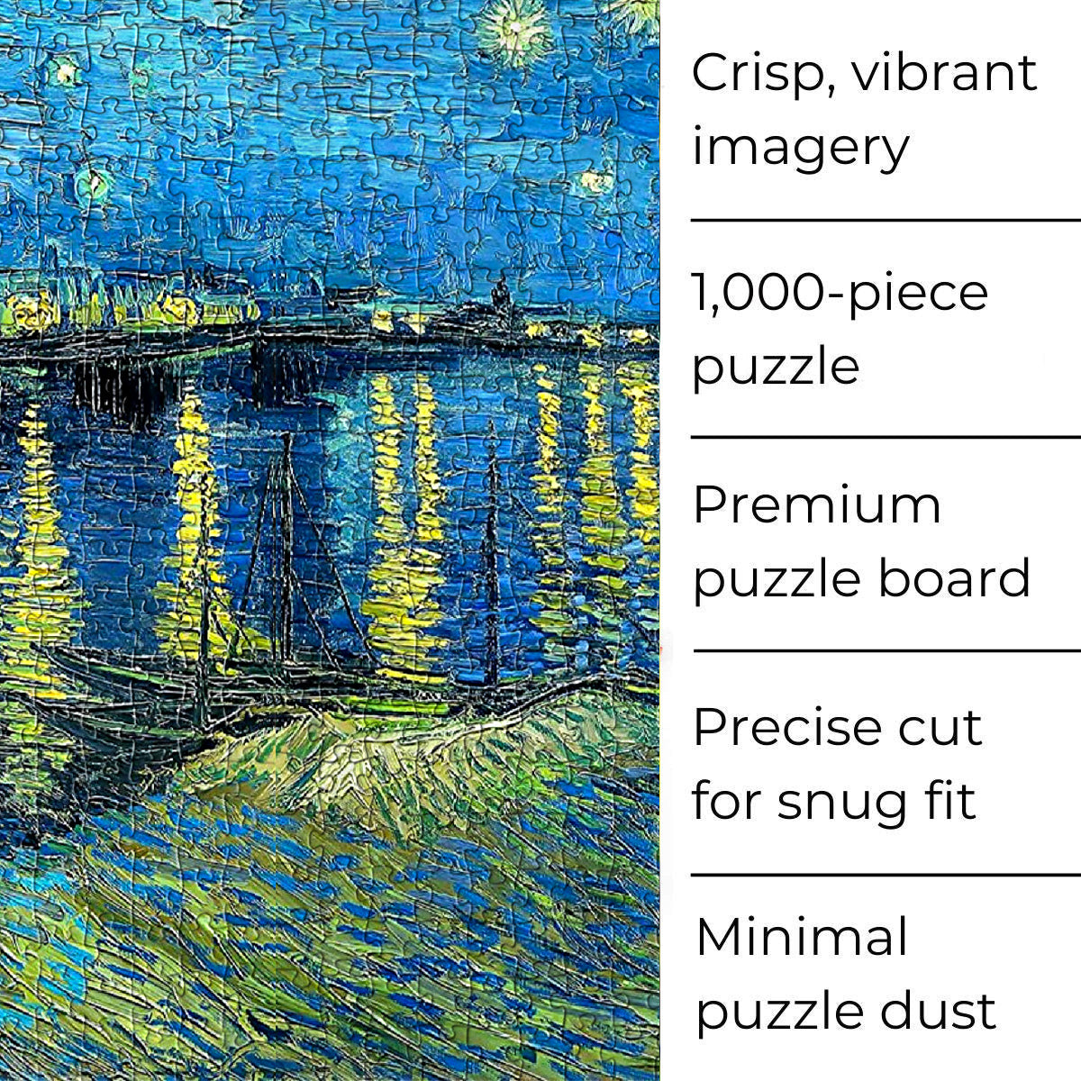 This Van Gogh fine art puzzle, which features thick, matte pieces, allows you to get well acquainted with the masterpiece and its remarkable details.