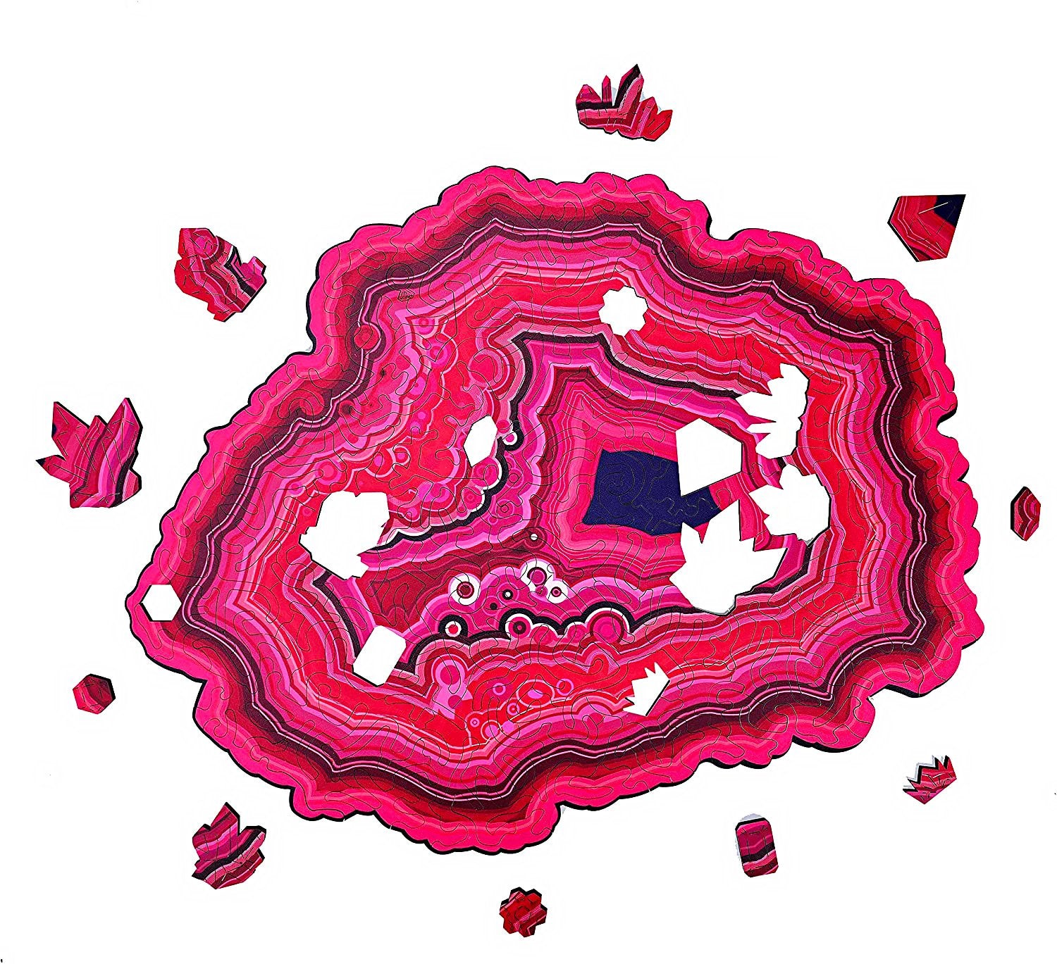 This wooden agate jigsaw puzzle is different. It's small with fewer pieces, but so fun and still extremely challenging because the pieces fit together so uniquely. The wooden pieces are thick and sturdy so they fit together well. 
