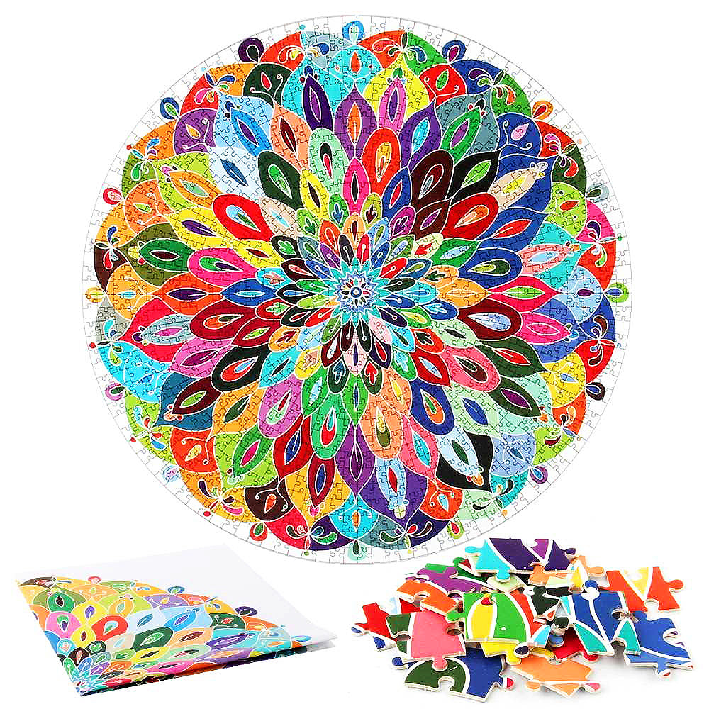 This high quality round jigsaw puzzle is fairly easy to do and comes with a poster for reference. The mandala puzzle is a playful and colourful art piece you'll be proud to complete.