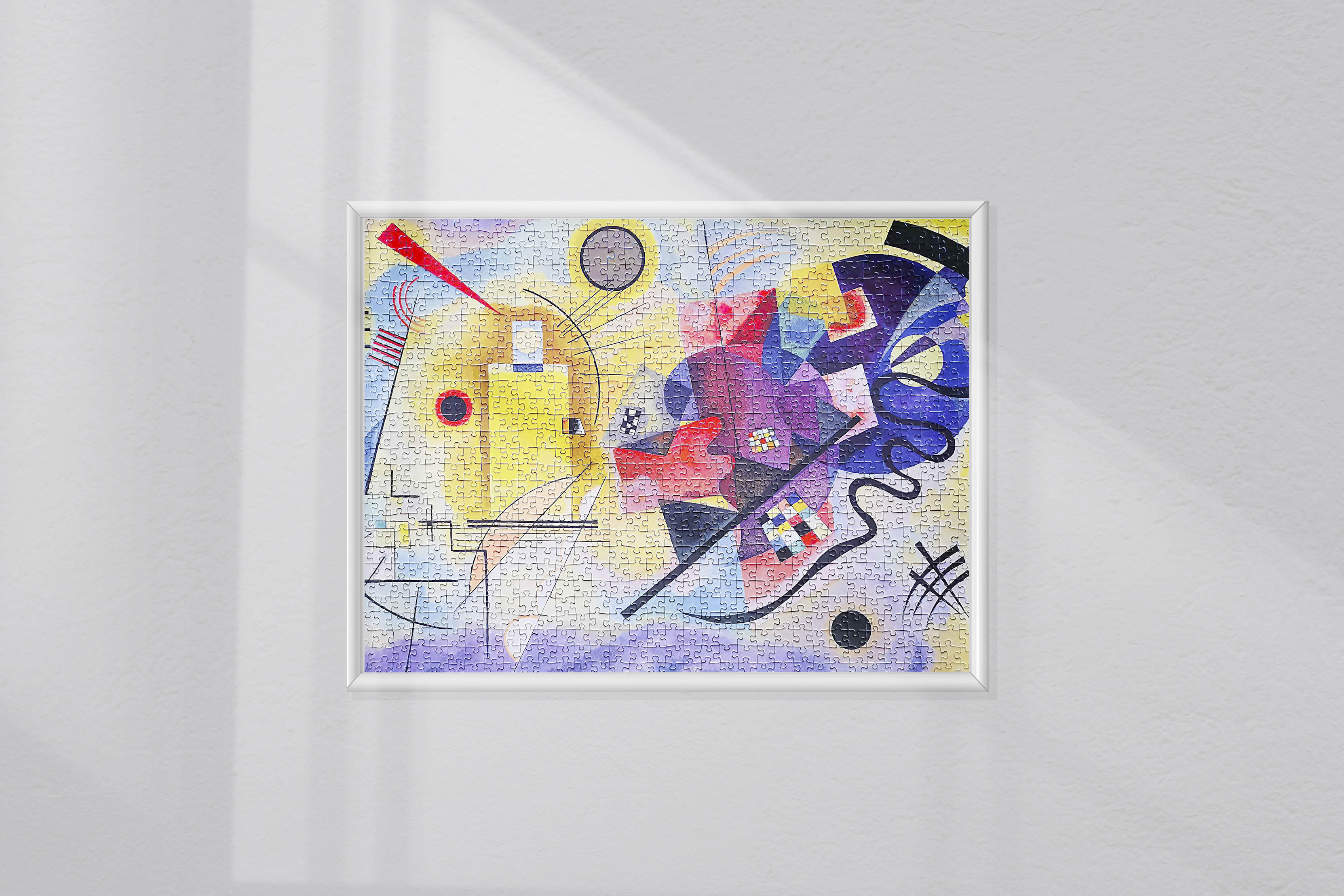 Detailed Wassily Kandinsky Yellow-Red-Blue Jigsaw Puzzle framed as fun wall art for home interiors.